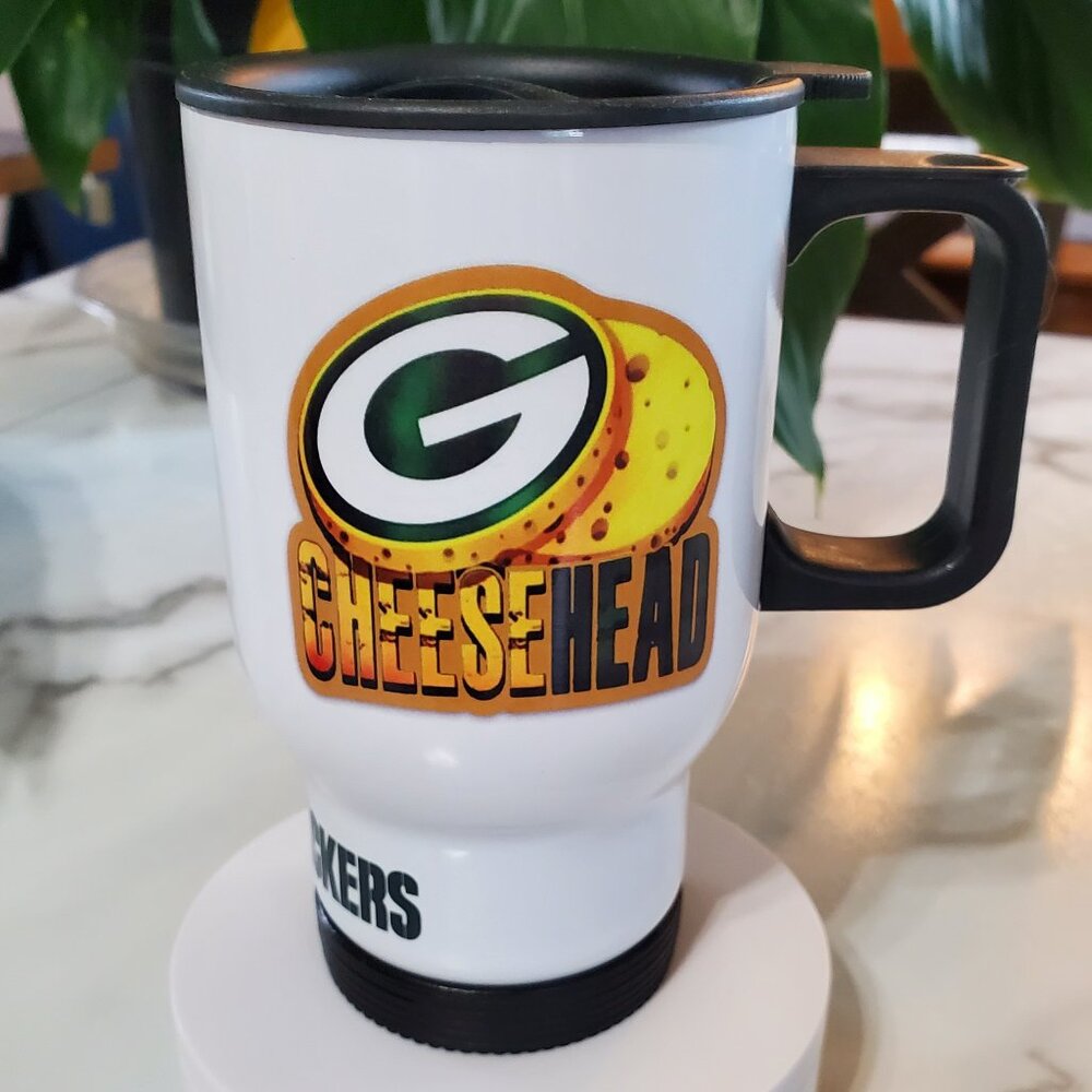 Green Bay Packers CHEESE HEAD 15oz Travel Mug ** Error